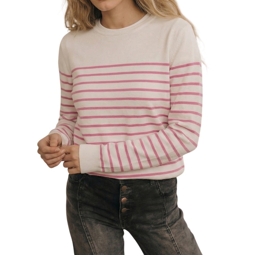 Knit Sweater Top Women L White Pink Stripe Casual Coastal Preppy Lightweight